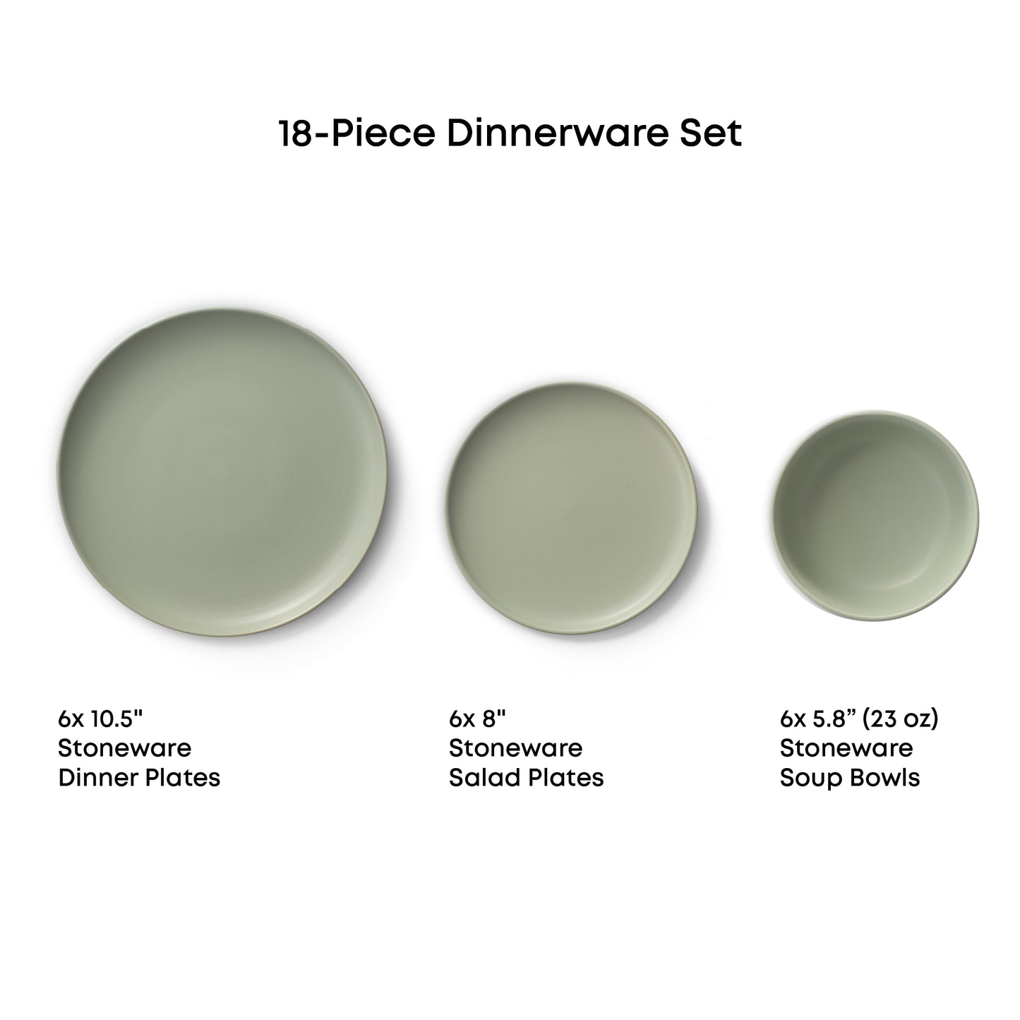 Dinner plate, salad plate, and soup bowl against a white background with measurements text:
"18-piece dinnerware set
6x10.5"dinner plates
6x8" salad plates
6x5.8" (23oz) soup bowls"