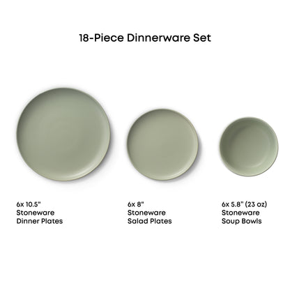 Dinner plate, salad plate, and soup bowl against a white background with measurements text:
"18-piece dinnerware set
6x10.5"dinner plates
6x8" salad plates
6x5.8" (23oz) soup bowls"
