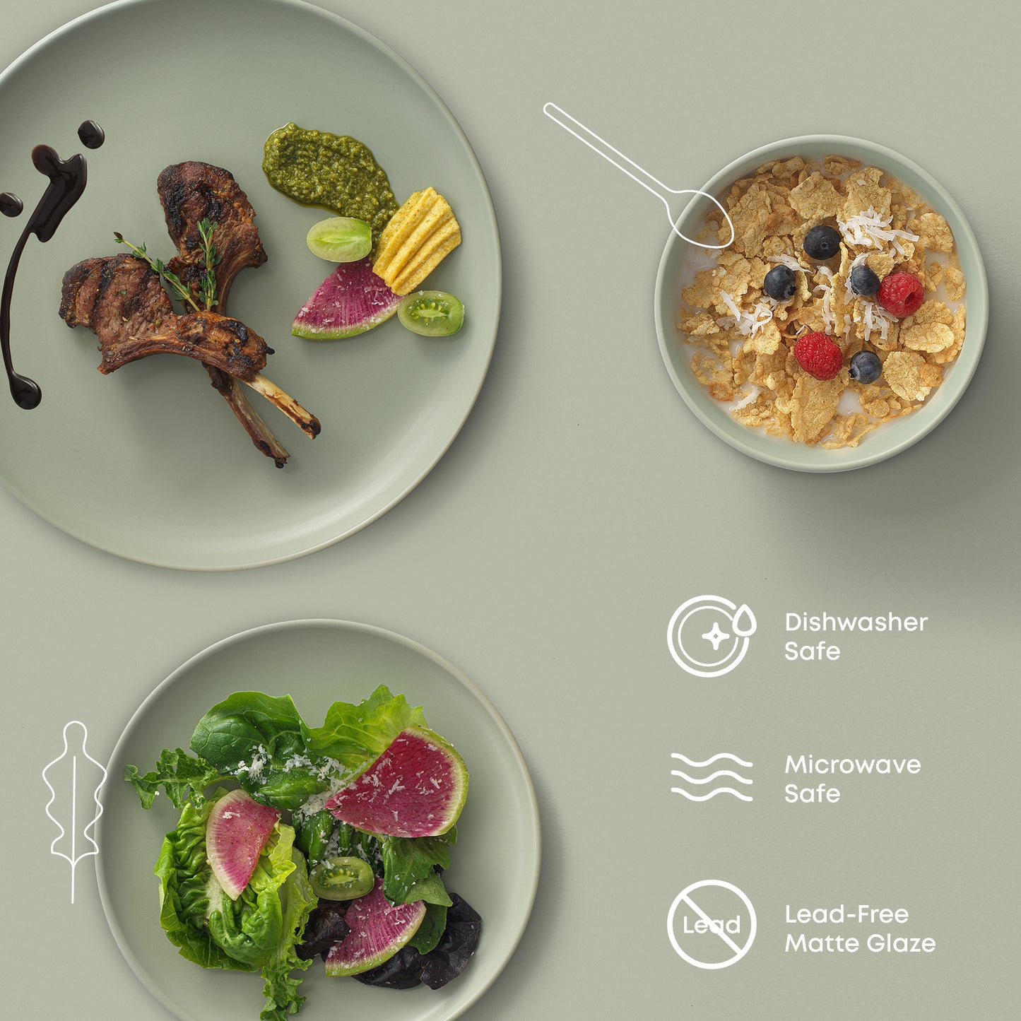 Lamb chop and veggies on a dinner plate, salad on the salad plate, and a grain bowl with berries in the cereal bowl. Text shows: "dishwasher and microwave safe, lead-free matte glaze."