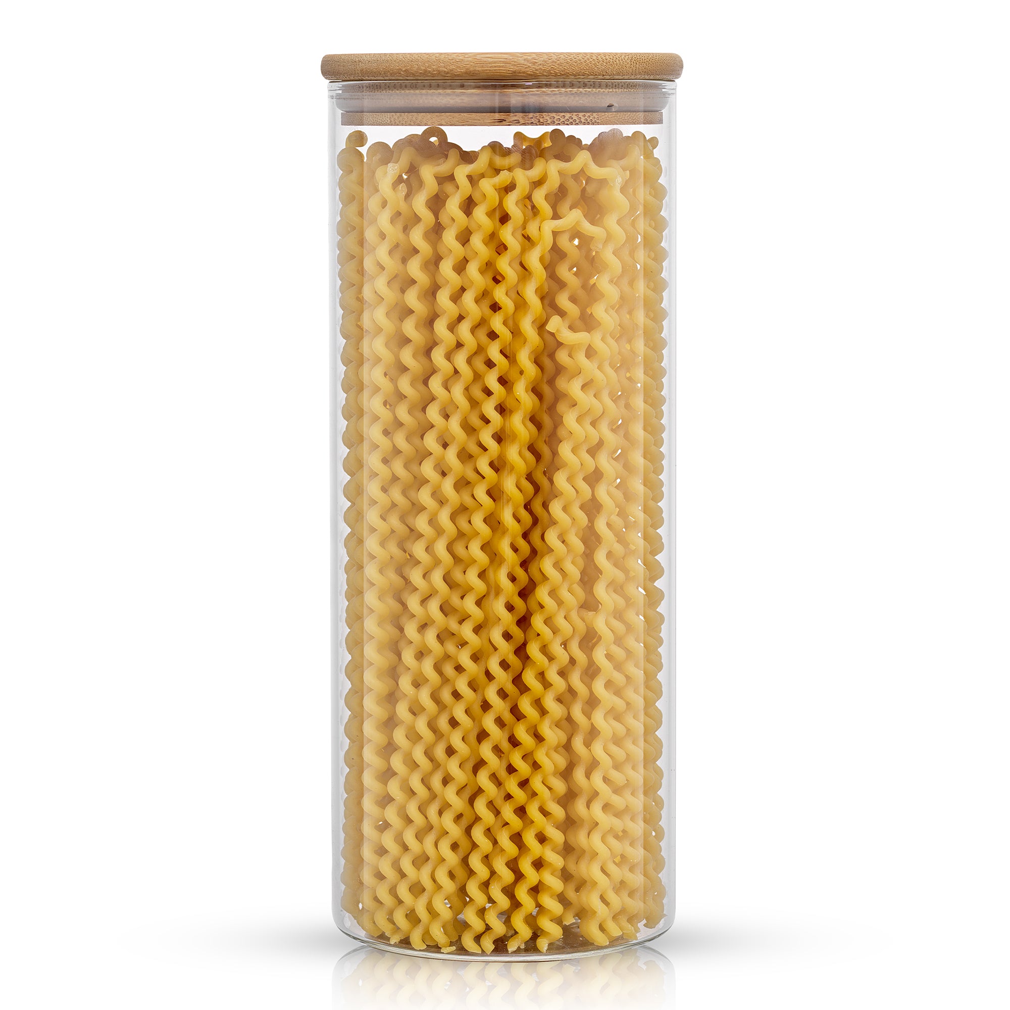 Storage jar with bamboo lid filled with long pasta. 