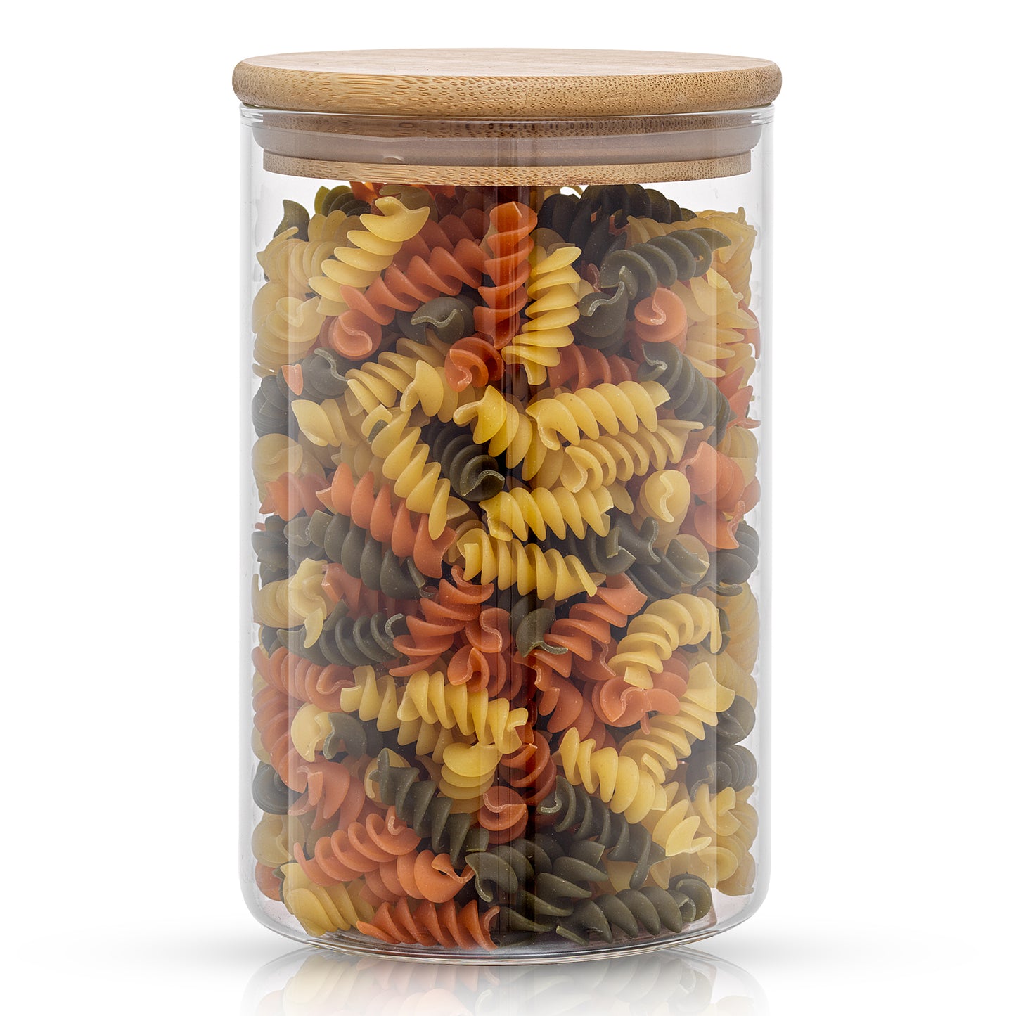 Storage jar with bamboo lid filled with rotelle pasta.