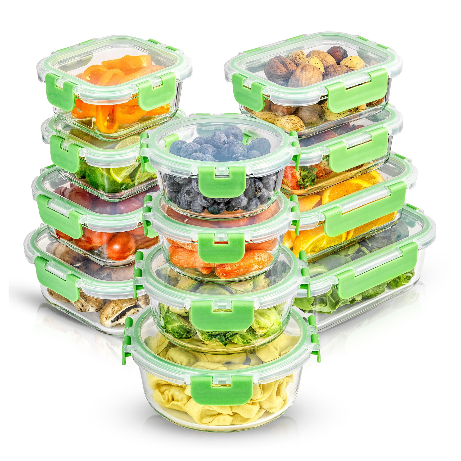 A set of 12 borosilicate glass storage containers with airtight plastic lids in various rectangle, square, and round shapes, displayed with food inside to showcase the containers' capacity and design.