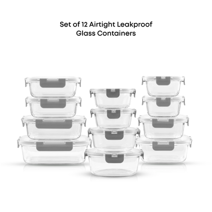 Set of 12 airtight leakproof glass containers with grey lids on a white background
