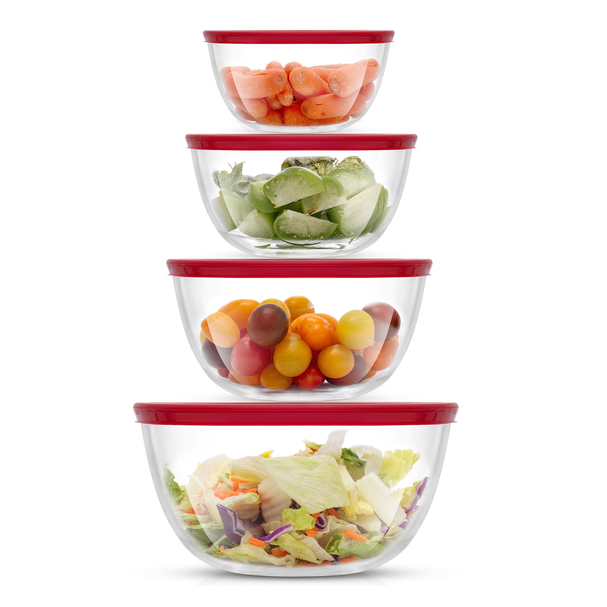 Set of four glass bowls with red lids containing various vegetables on a white background