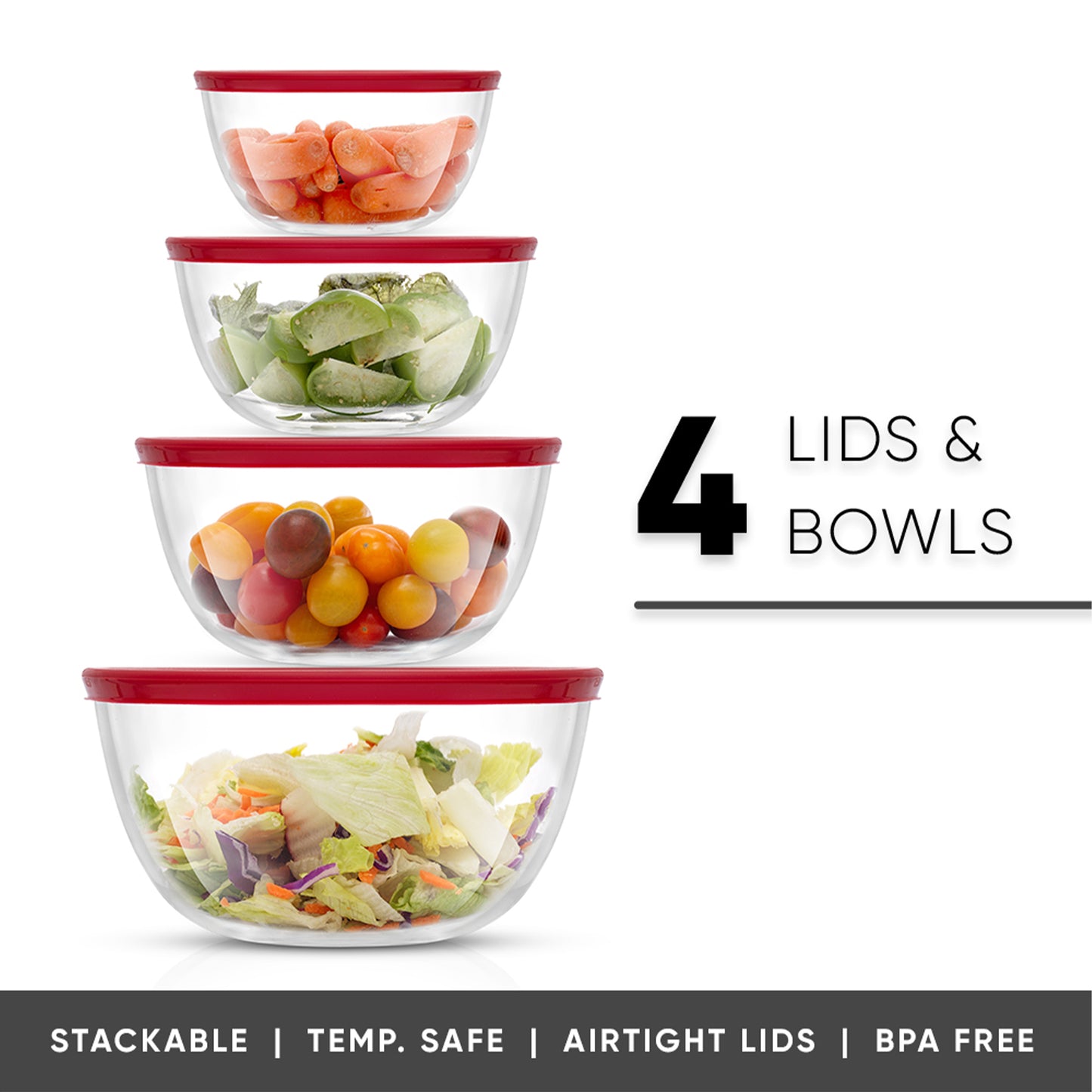 Set of four glass bowls with red lids containing various vegetables on a white background with text: stackable, temp safe, bpa free, airtight.