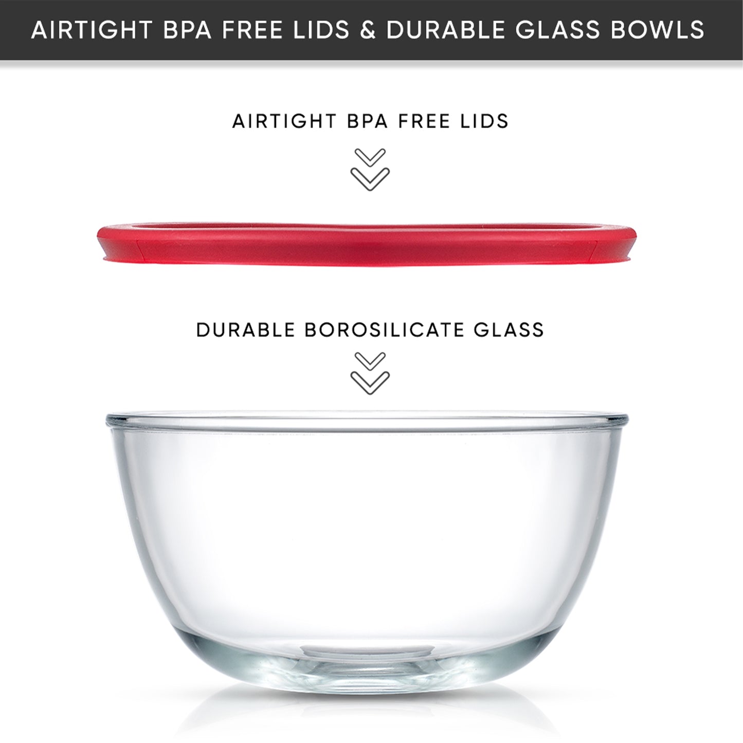 Large glass bowl made of durable borosilicate glass with airtight bpa free lid.