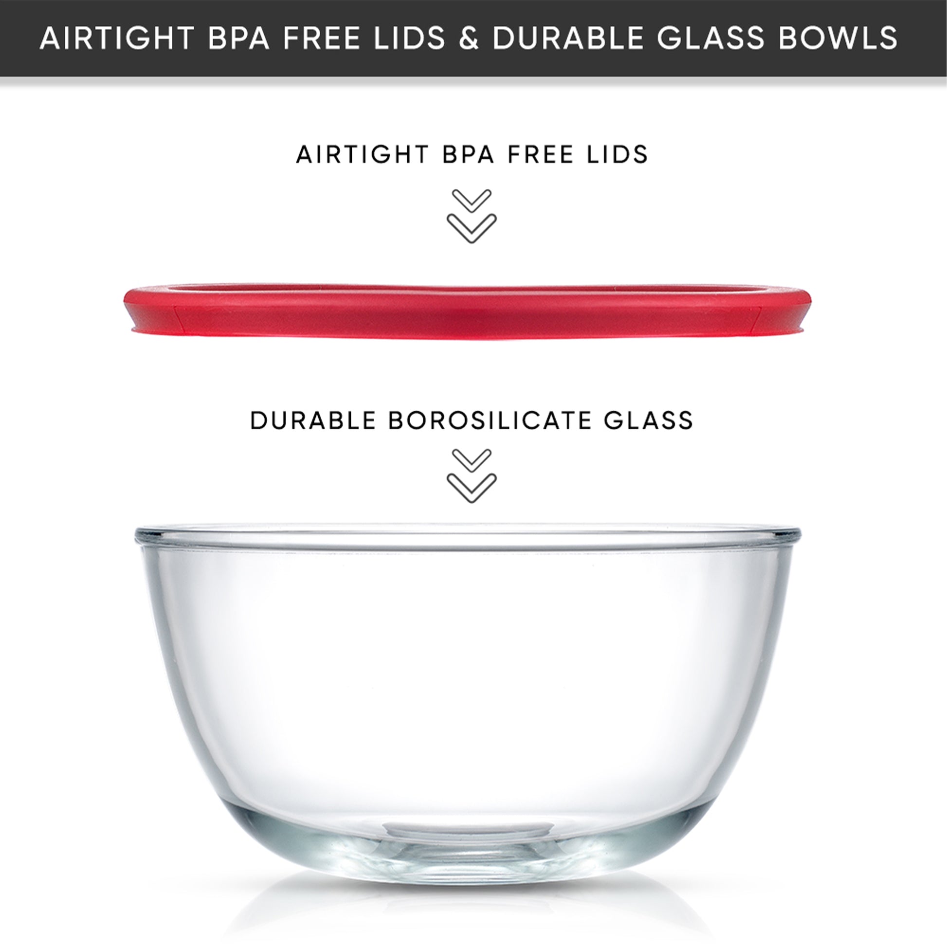 Large glass bowl made of durable borosilicate glass with airtight bpa free lid.