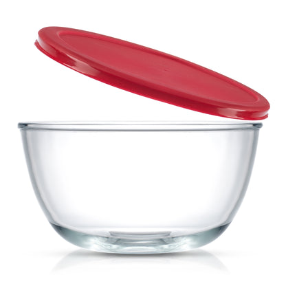 Clear largest glass bowl with lid lifted against a white background.