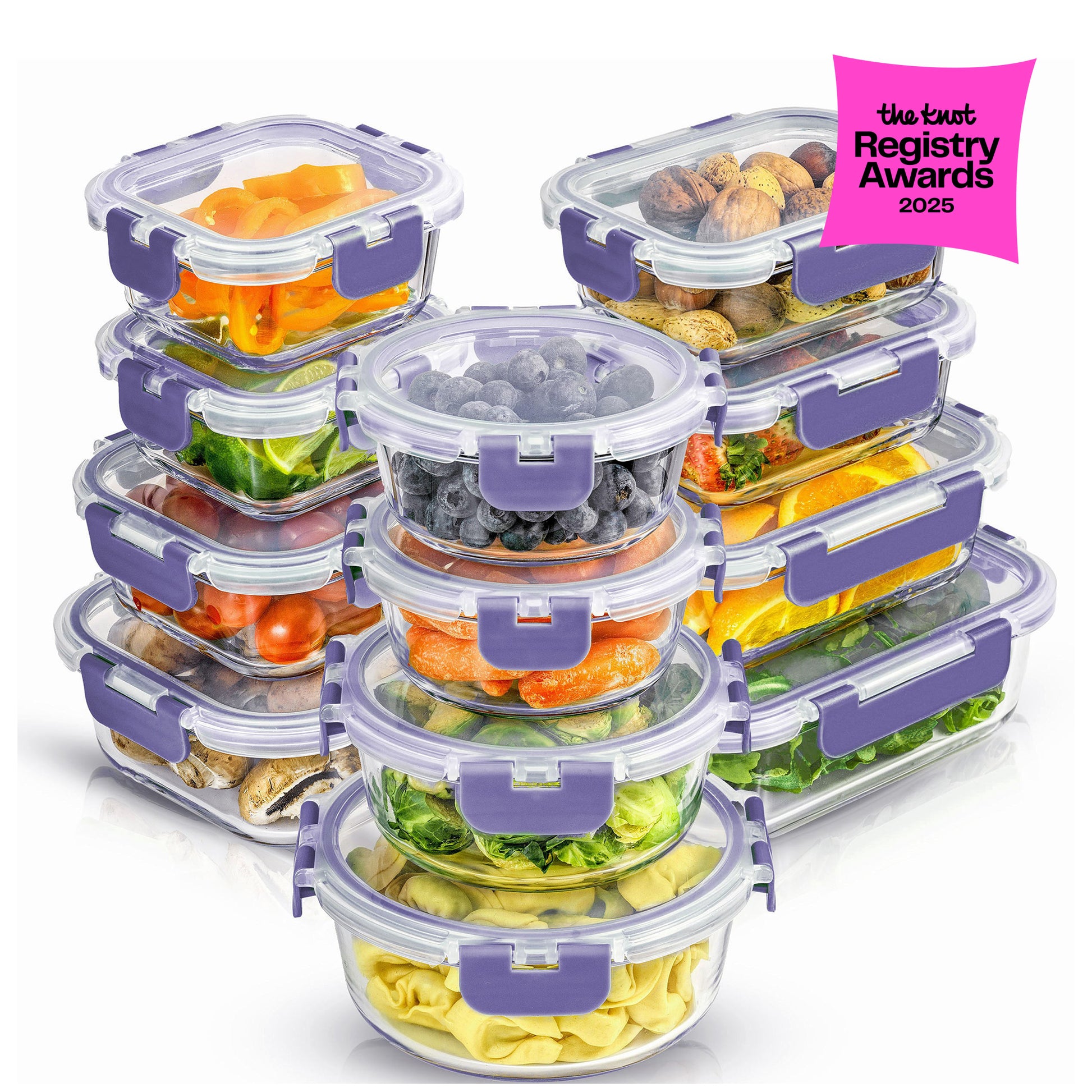 A set of 12 borosilicate glass storage containers with airtight plastic lids in various rectangle, square, and round shapes, displayed with food inside to showcase the containers' capacity and design.