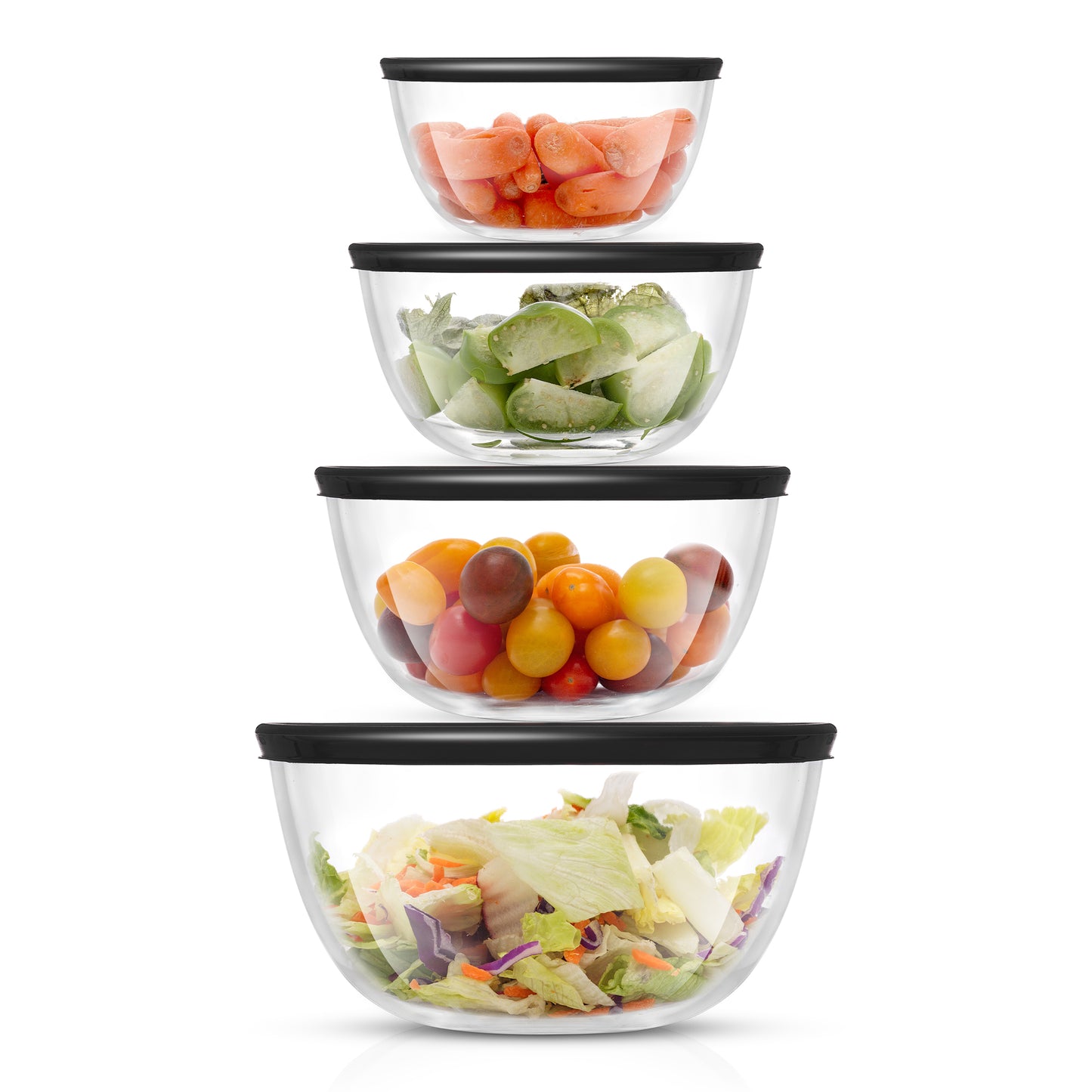 Set of four glass bowls with black lids containing various vegetables on a white background