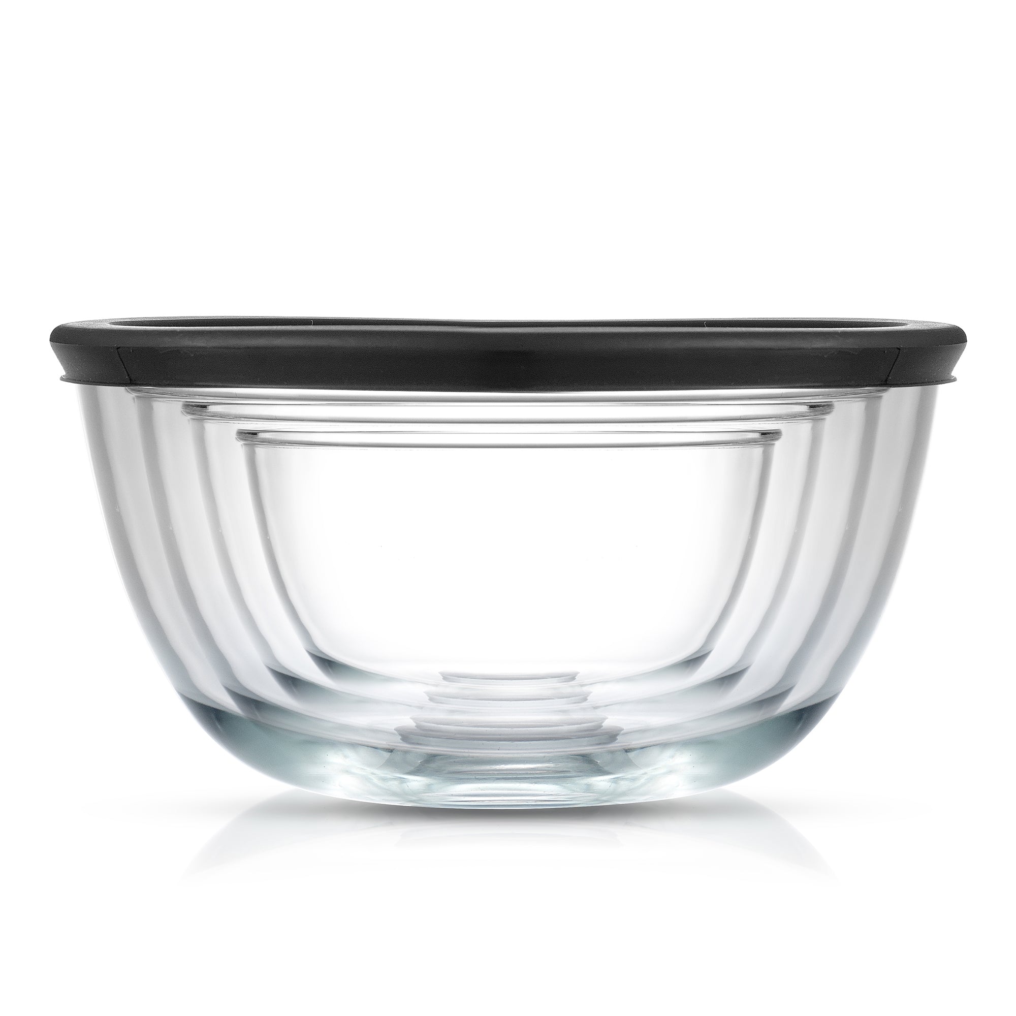 Glass bowl with black lid on white background - JoyJolt 4 Large Glass Mixing Bowls With Lids.