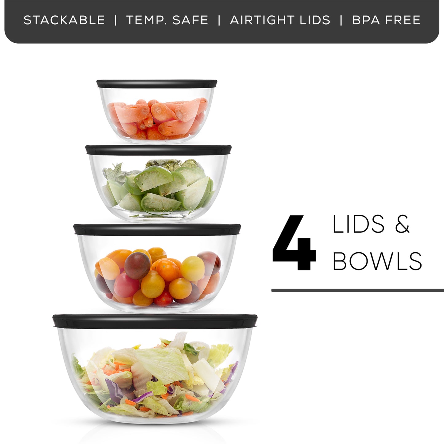 JoyJolt 4 Large Glass Mixing Bowls With Lids - a set of 4 spacious glass bowls with lids for convenient food preparation and storage.