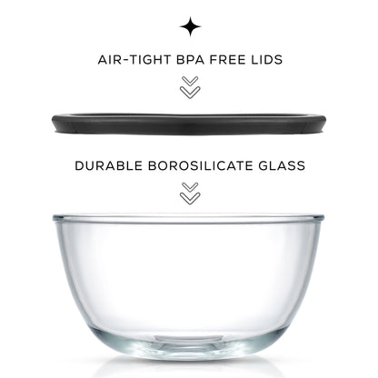 A clear glass bowl with a black lid sits on a white background. Text above the bowl reads "AIR-TIGHT BPA FREE LIDS" and "DURABLE BOROSILICATE GLASS". The lid is not attached to the bowl. 