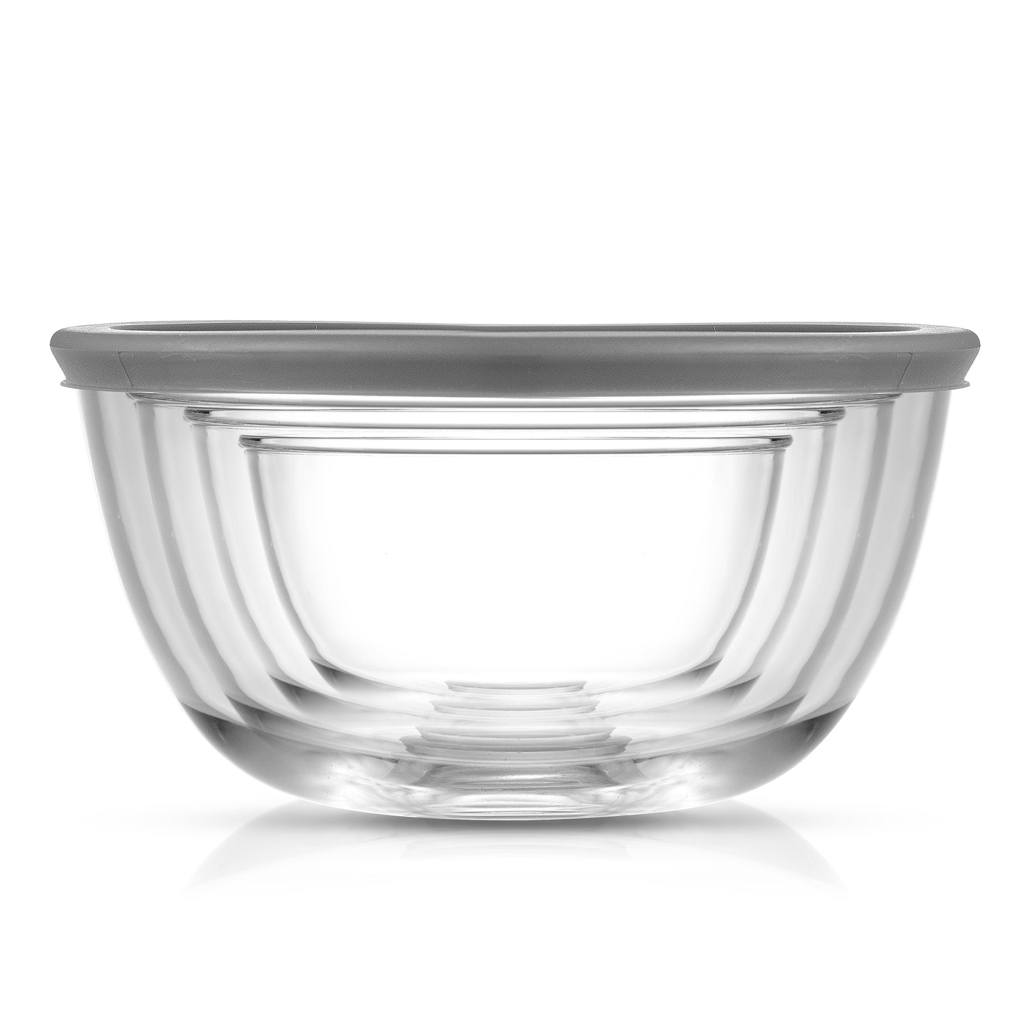 A set of four stackable glass bowls with gray lids sits on a white background. The bowls increase in size from the top to the bottom.