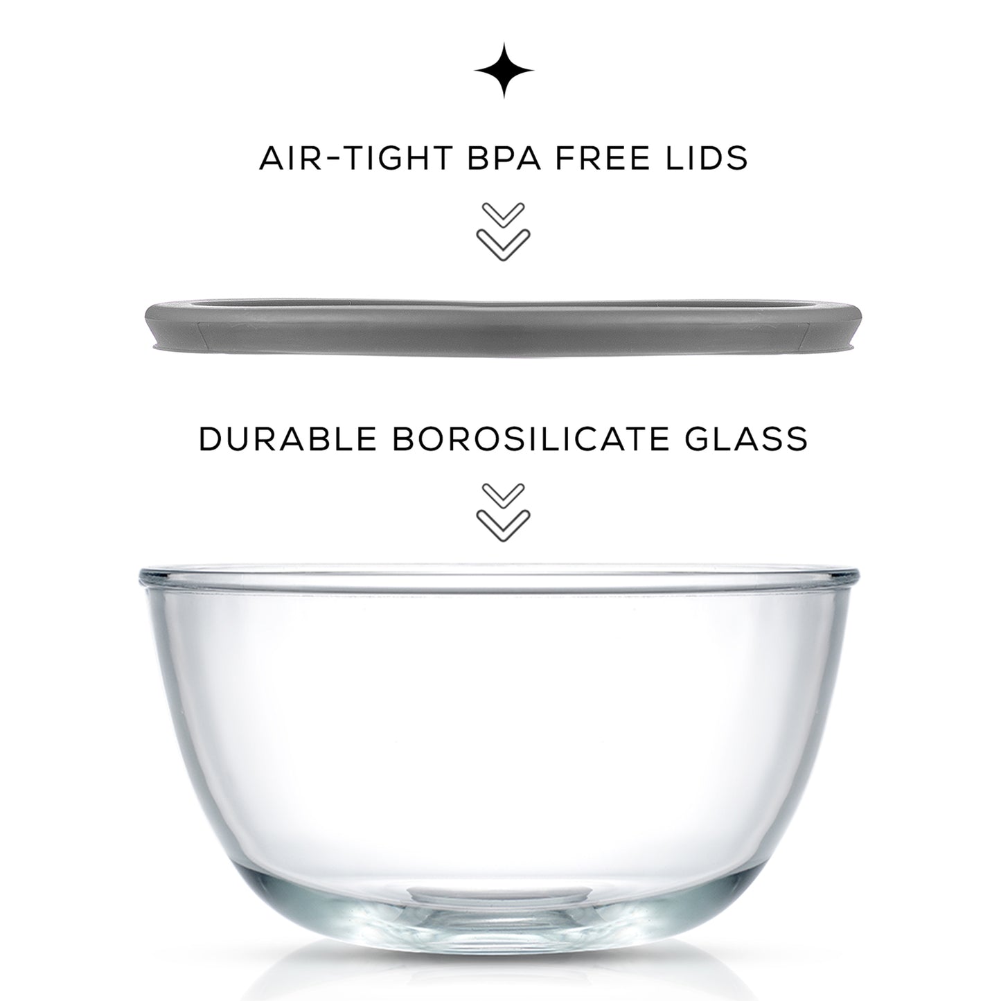 Large glass bowl made of durable borosilicate glass with airtight bpa free lid.