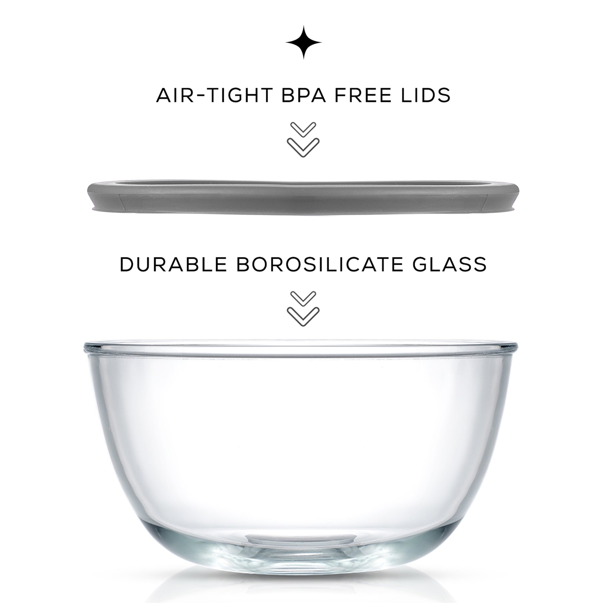 Large glass bowl made of durable borosilicate glass with airtight bpa free lid.