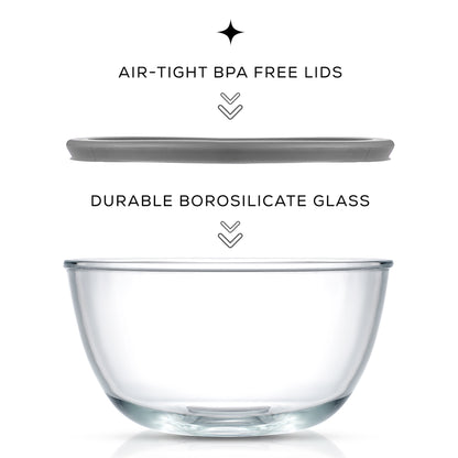Large glass bowl made of durable borosilicate glass with airtight bpa free lid.