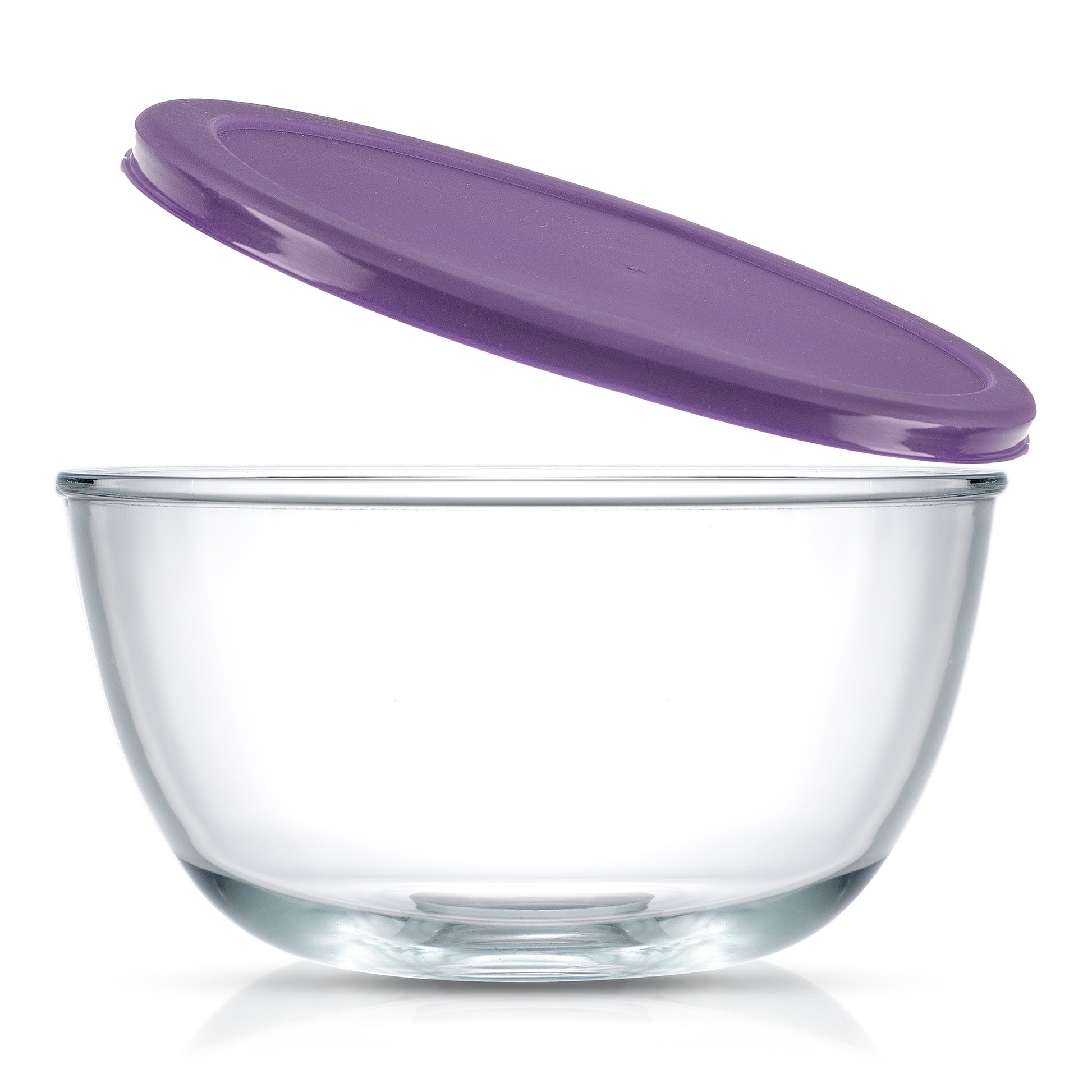 Clear largest glass bowl with lid lifted against a white background.