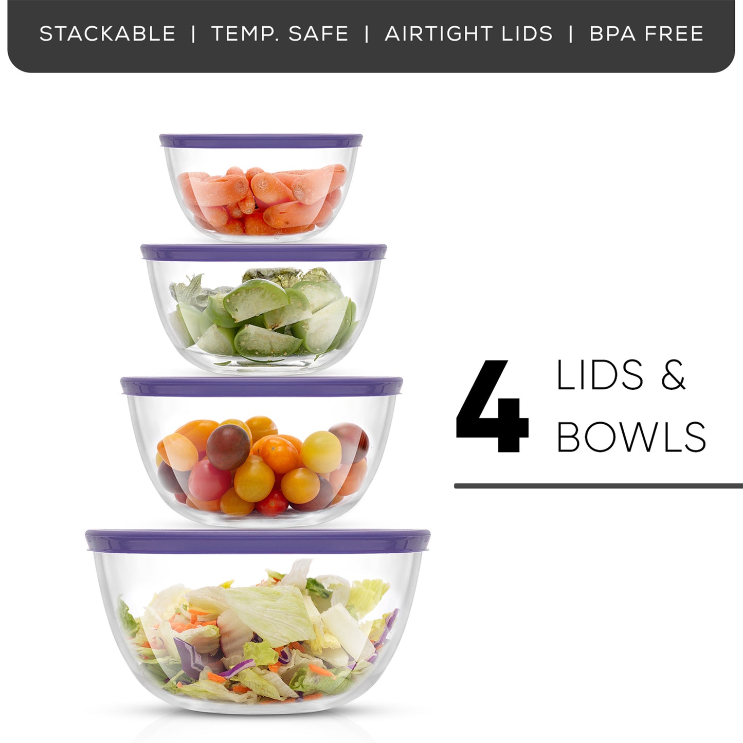 Set of four glass bowls with lids containing various vegetables on a white background with text: stackable, temp safe, bpa free, airtight.