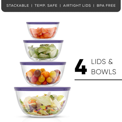 Set of four glass bowls with lids containing various vegetables on a white background with text: stackable, temp safe, bpa free, airtight.