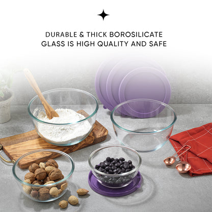Four glass bowls filled with nuts and flour sit on a table. The bowls have purple lids next to them. Text on the image reads: "durable and thick borosilicate glass"