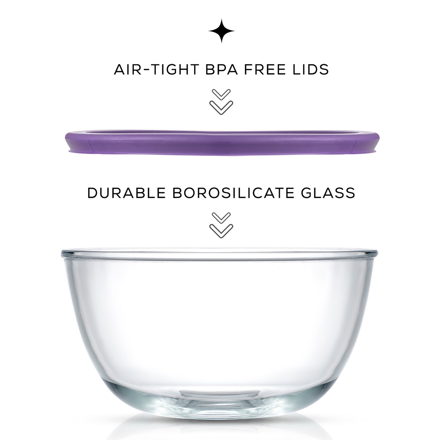 Large glass bowl made of durable borosilicate glass with airtight bpa free lid.