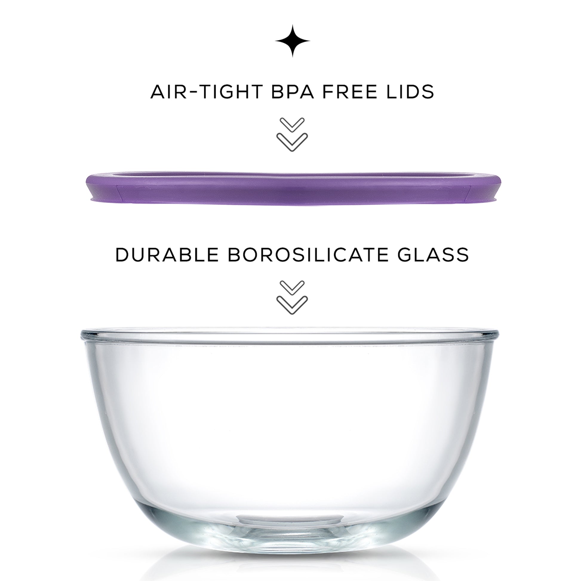 Large glass bowl made of durable borosilicate glass with airtight bpa free lid.