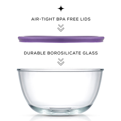 Large glass bowl made of durable borosilicate glass with airtight bpa free lid.