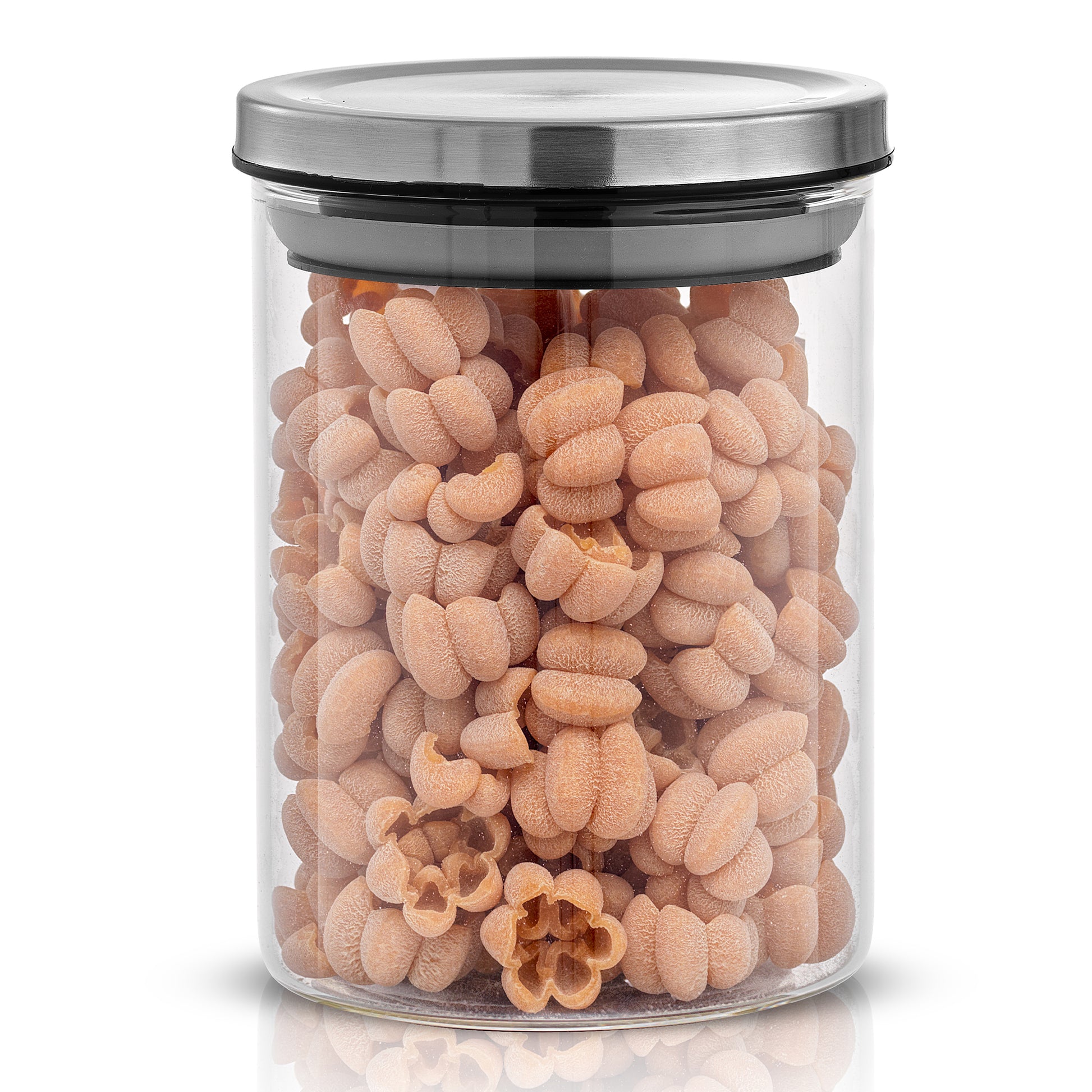 Storage jar with stainless steel lid filled with pumpkin shaped pasta. 