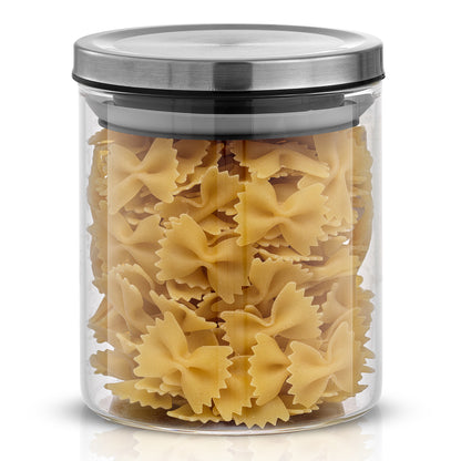 Storage jar with stainless steel lid filled with farfalle pasta. 