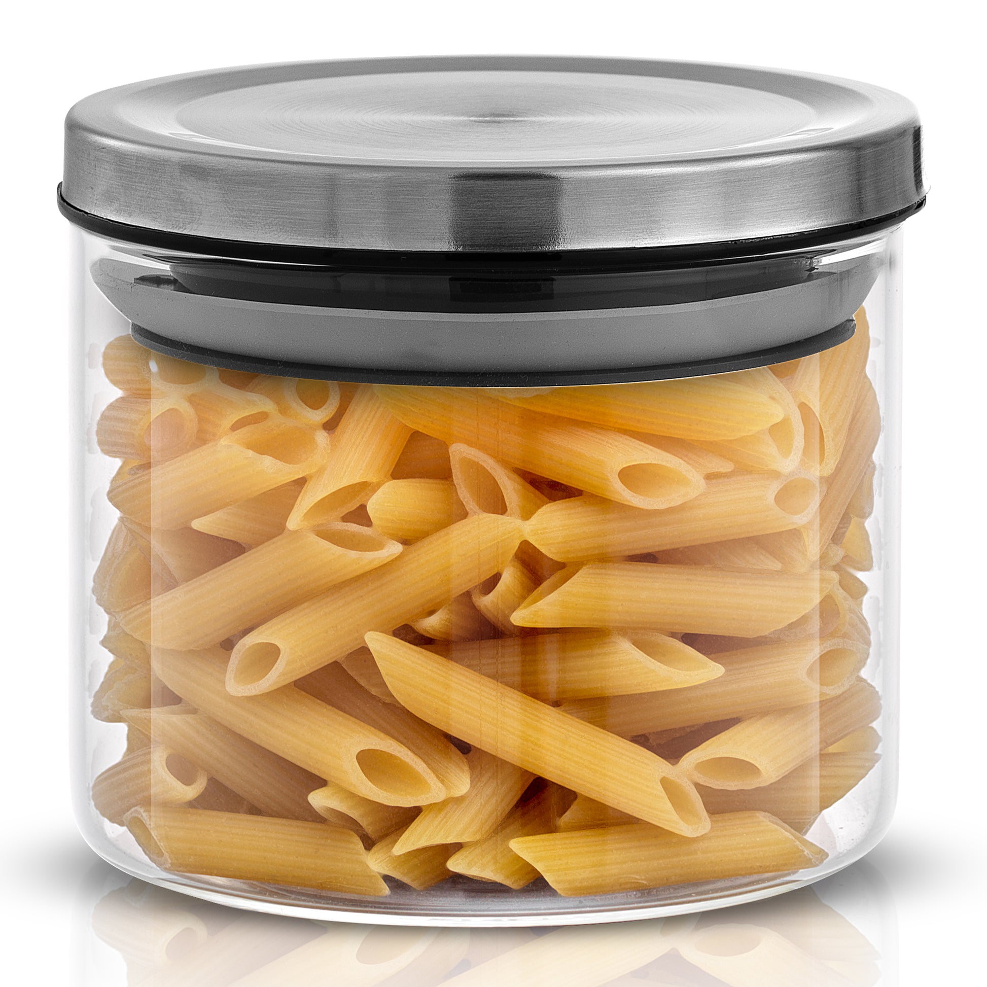 Storage jar with stainless steel lid filled with penne pasta. 