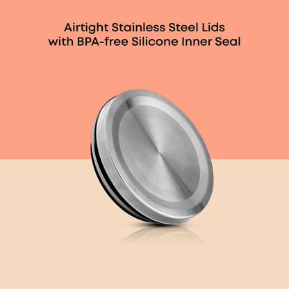 Image of just the lid with product specs as text: airtight, stainless steel, silicone inner seal.
