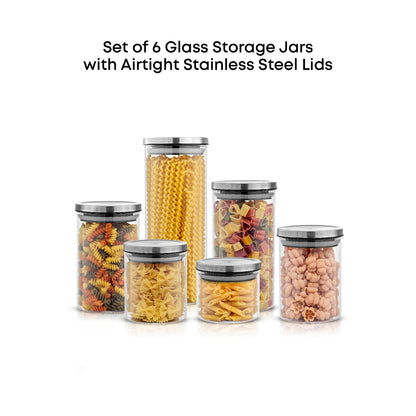 Set of 6 airtight clear glass storage jars with stainless steel  lids on a white background