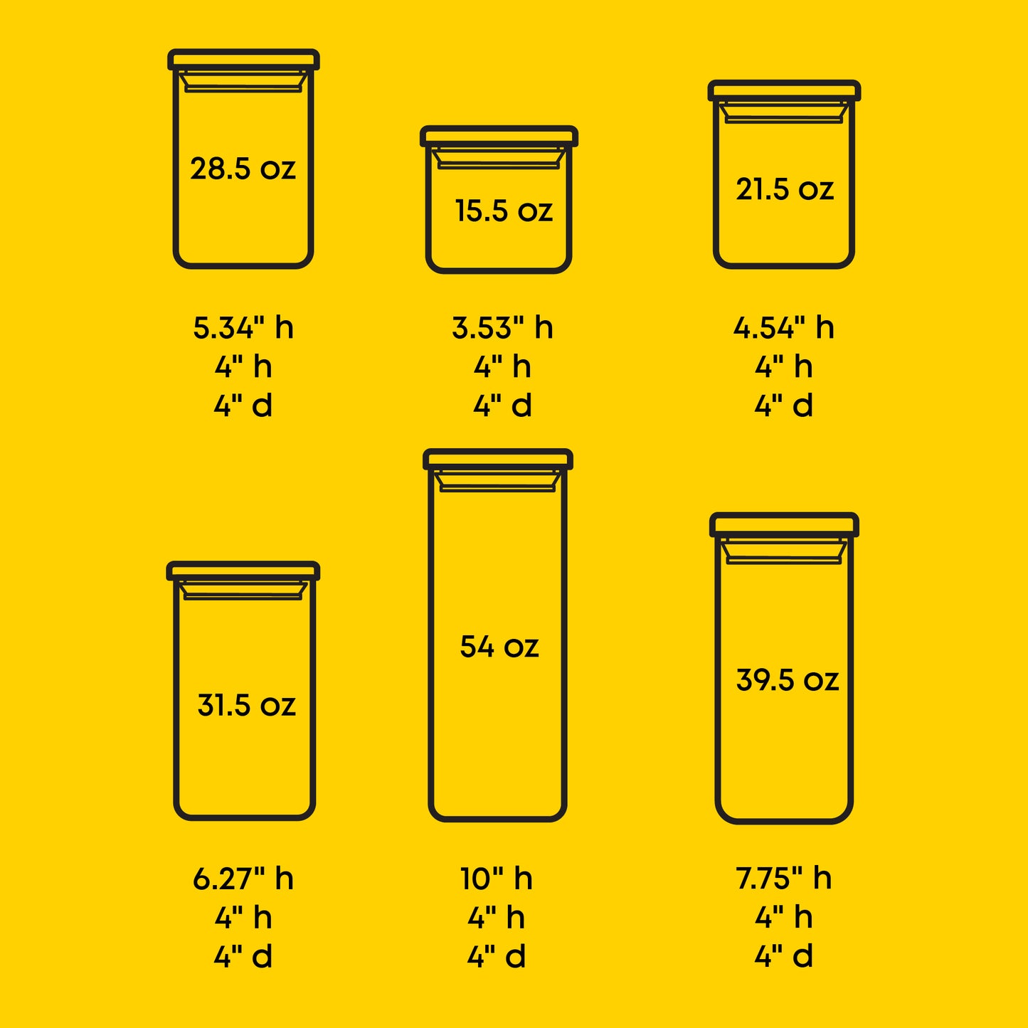 Illustrations of jars with their respective sizes on a yellow background