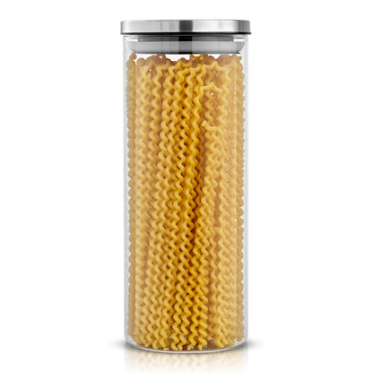 Storage jar with stainless steel lid filled with long pasta. 