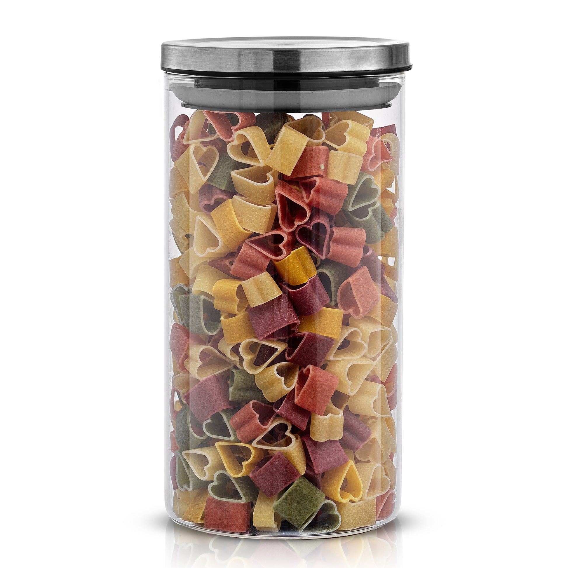 Storage jar with stainless steel lid filled with heart shaped pasta. 