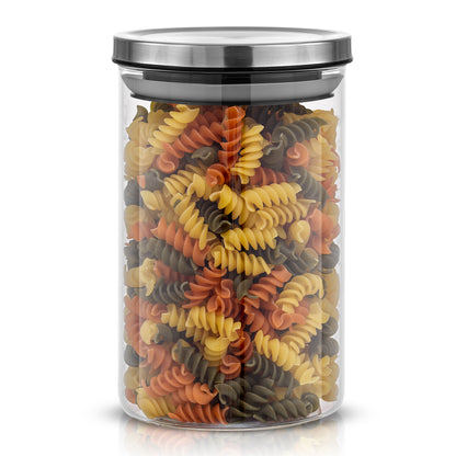 Storage jar with stainless steel lid filled with rotelle pasta. 