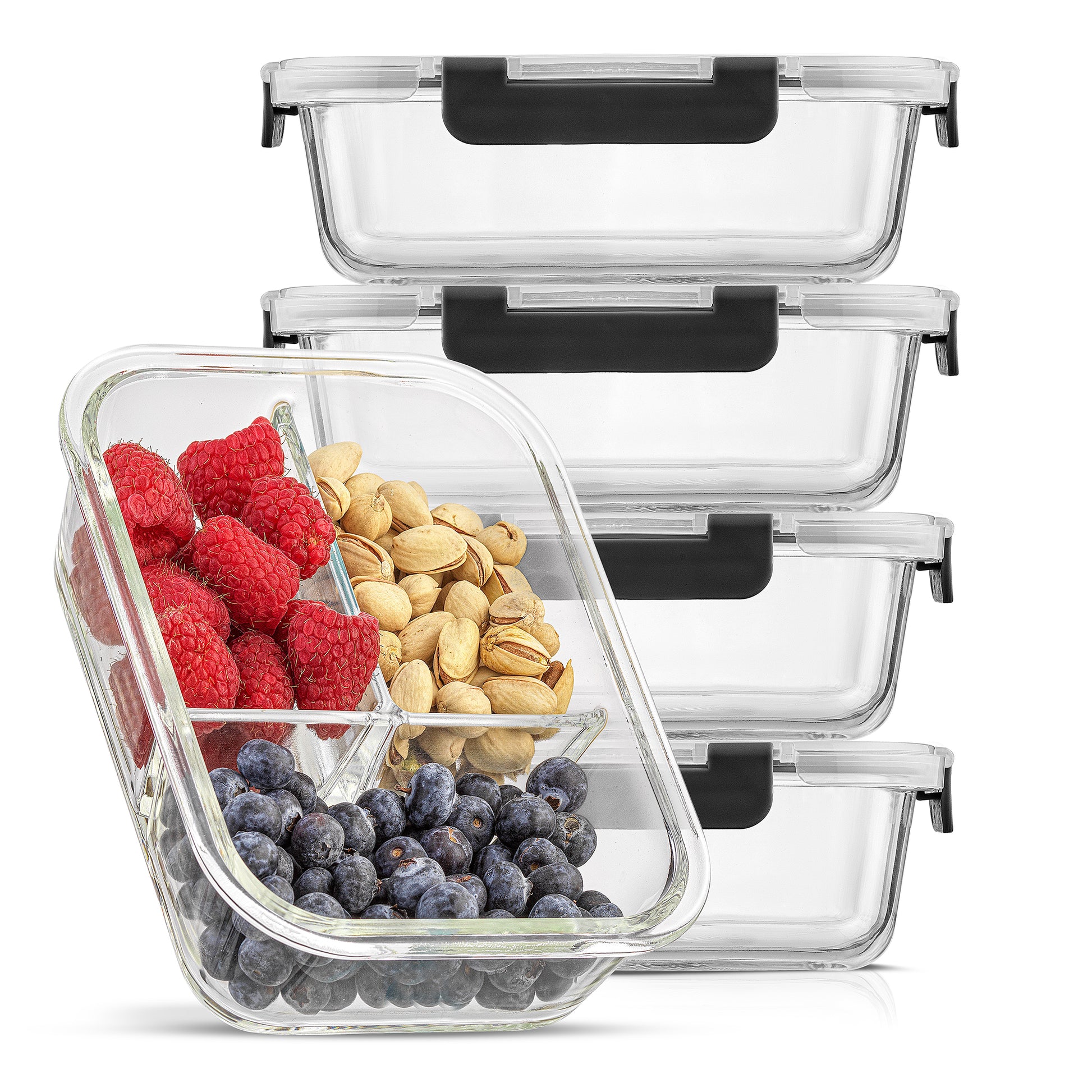 A set of 5 clear glass meal prep food storage containers with three sections and black airtight plastic lids, displayed with one container filled with assorted fruits and nuts to showcase the product's use.