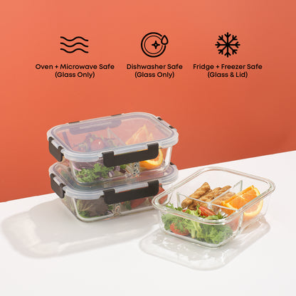 Glass food storage containers with labels indicating safe uses on an orange background: dishwasher microwave and oven safe glass, freezer and fridge safe.