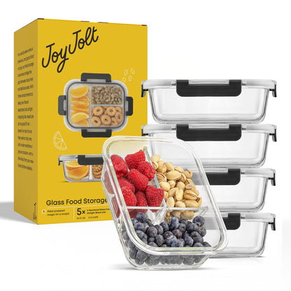 Set of glass food storage containers with a yellow packaging JoyJolt box in the background