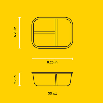 Measurement chart of a two-compartment container on a yellow background: 30oz.