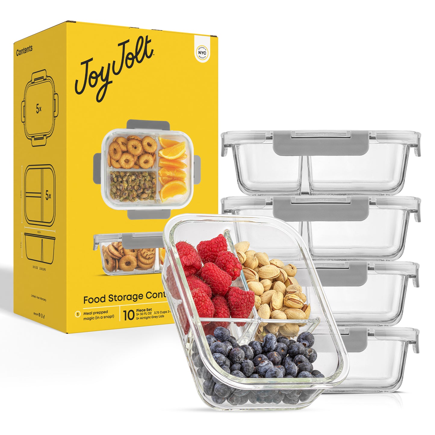 Set of glass food storage containers with a yellow packaging JoyJolt box in the background