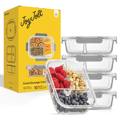Set of glass food storage containers with a yellow packaging JoyJolt box in the background