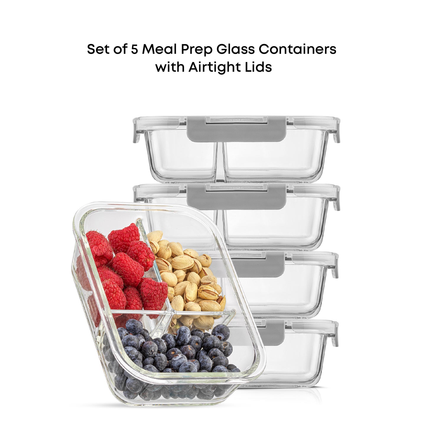 Set of 5 meal prep glass containers with airtight lids on a white background