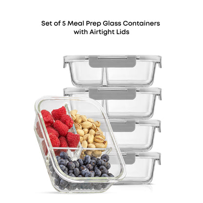 Set of 5 meal prep glass containers with airtight lids on a white background