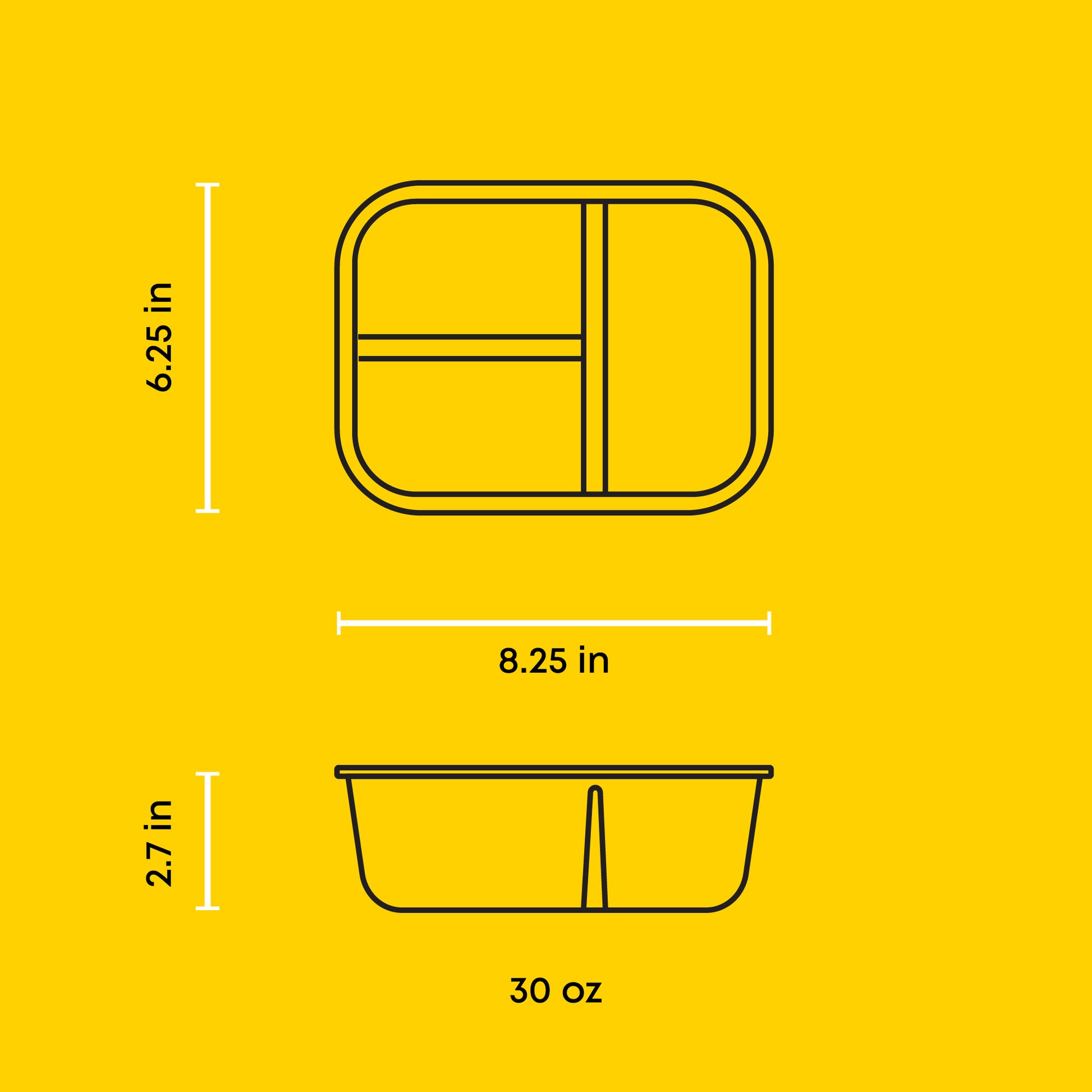 Measurement chart of a two-compartment container on a yellow background: 30oz.