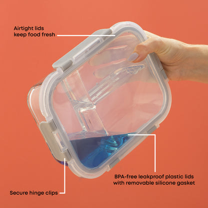Hands holding a closed container with liquid inside, upside down, to demonstrate its leakproof feature. Text: BPA free plastic lids and removable seal, secure hinge clips, airtight.