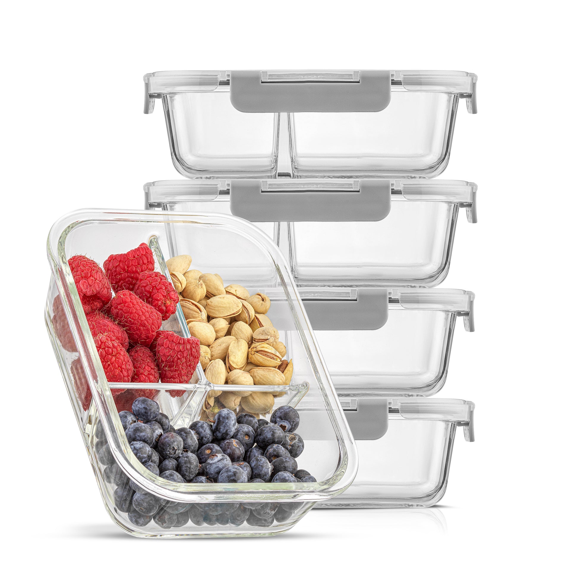 A set of 5 clear glass meal prep food storage containers with three compartments with grey airtight plastic lids, displayed with one container filled with assorted fruits and nuts to showcase the product's use.