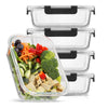 A set of clear glass food storage containers with black airtight lids, displayed in a stacked fashion with one container in the front containing a colorful salad.