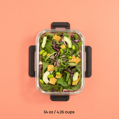 One container with a leafy green salad pictured showing 34 oz capacity, 4.25 cups.